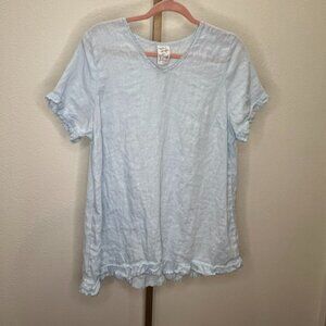 Match Point Linen Crew Neck Tunic Blouse Ruffle Hem Sky Blue Size Large